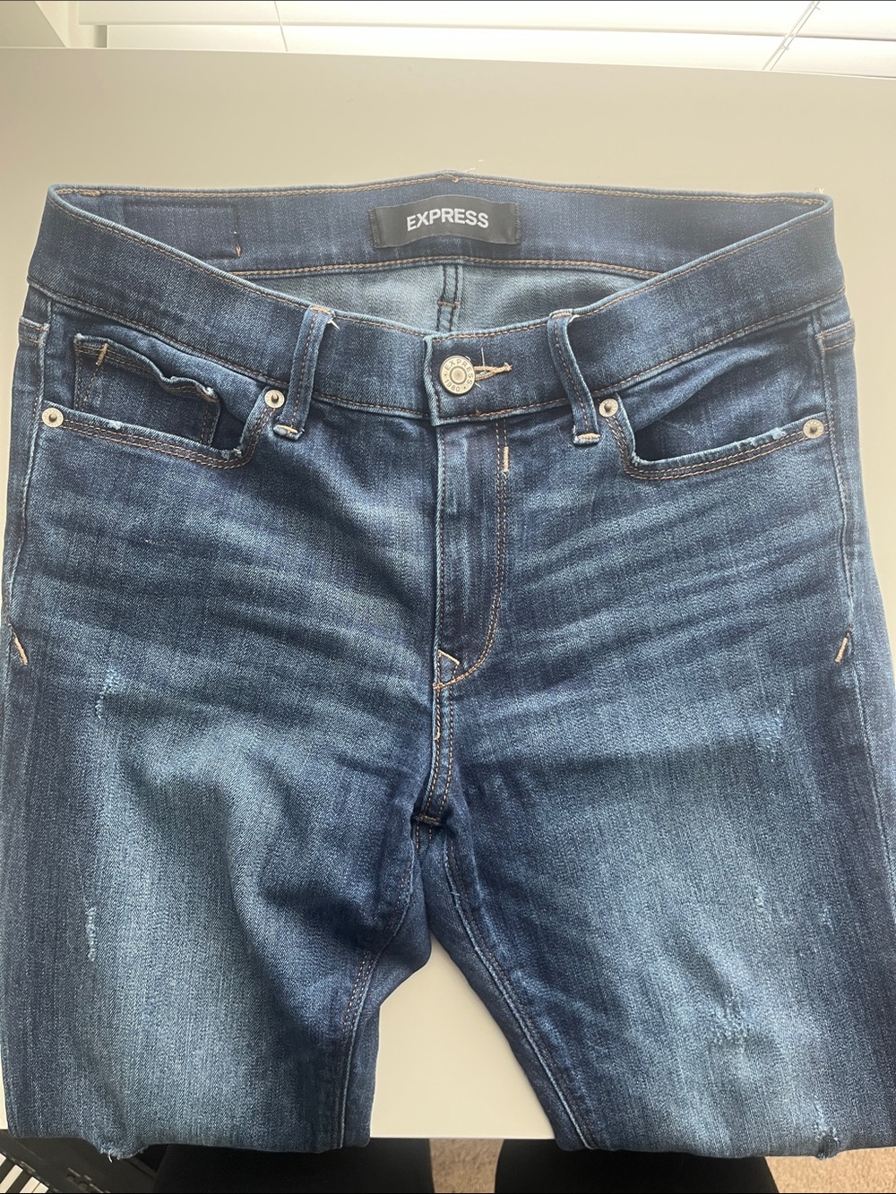 Express Women’s Mid-Rise Skinny Jeans in Dark Blue Wash